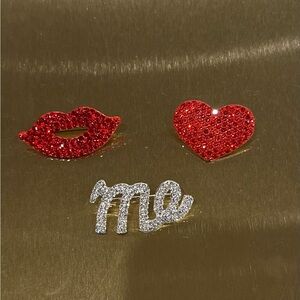 Sparkling Red and Silver Lip, Heart, and 'Me' Brooch Set